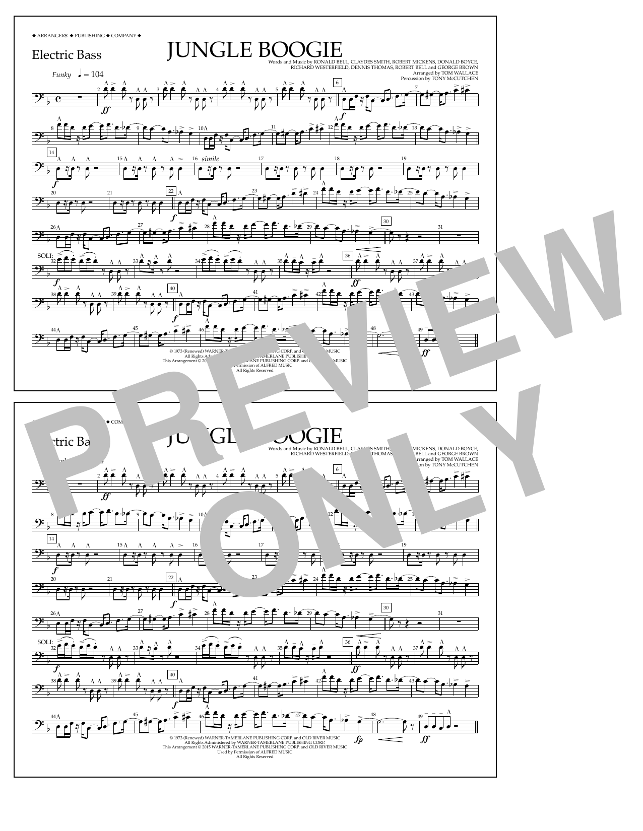 Download Tom Wallace Jungle Boogie - Electric Bass Sheet Music and learn how to play Marching Band PDF digital score in minutes