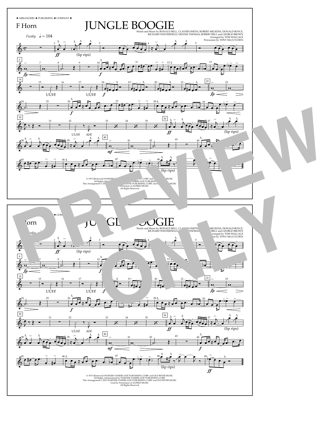 Download Tom Wallace Jungle Boogie - F Horn Sheet Music and learn how to play Marching Band PDF digital score in minutes