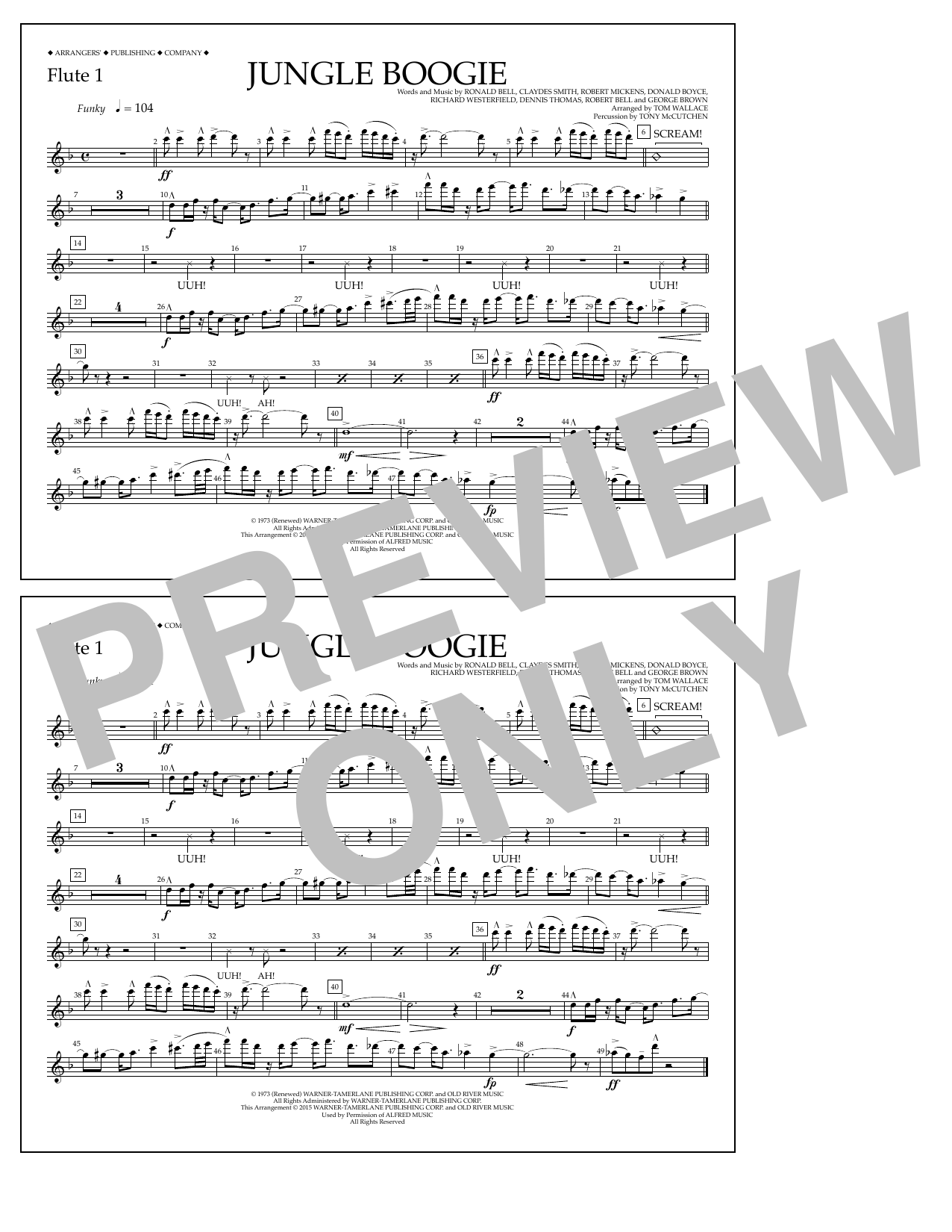 Download Tom Wallace Jungle Boogie - Flute 1 Sheet Music and learn how to play Marching Band PDF digital score in minutes