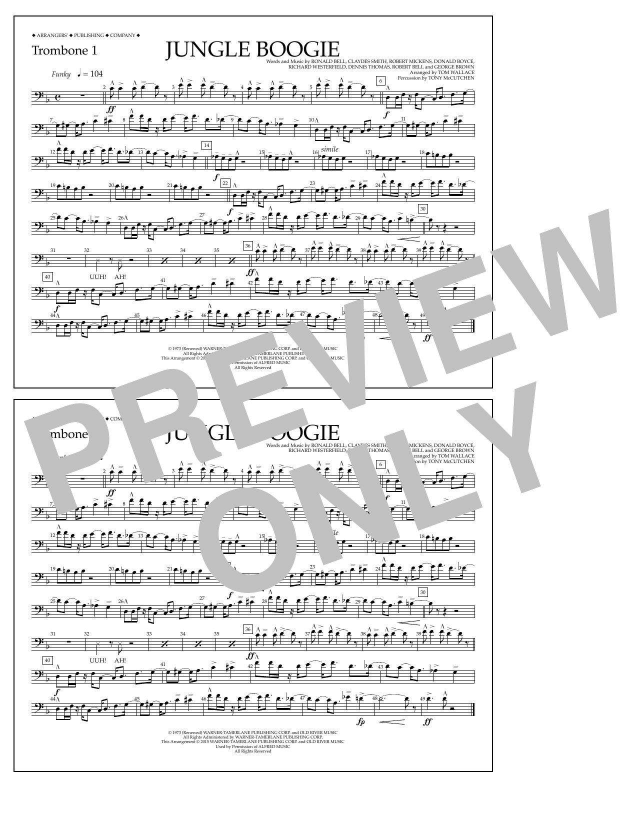 Download Tom Wallace Jungle Boogie - Trombone 1 Sheet Music and learn how to play Marching Band PDF digital score in minutes