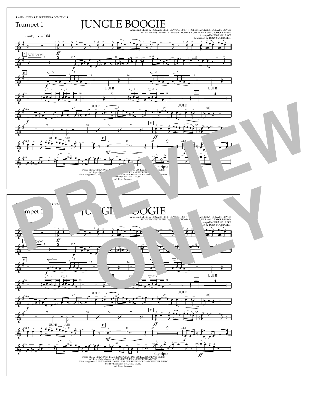 Download Tom Wallace Jungle Boogie - Trumpet 1 Sheet Music and learn how to play Marching Band PDF digital score in minutes