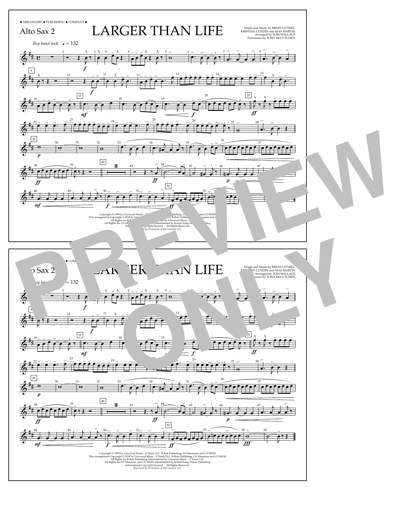 Download Tom Wallace Larger Than Life - Alto Sax 2 Sheet Music and learn how to play Marching Band PDF digital score in minutes