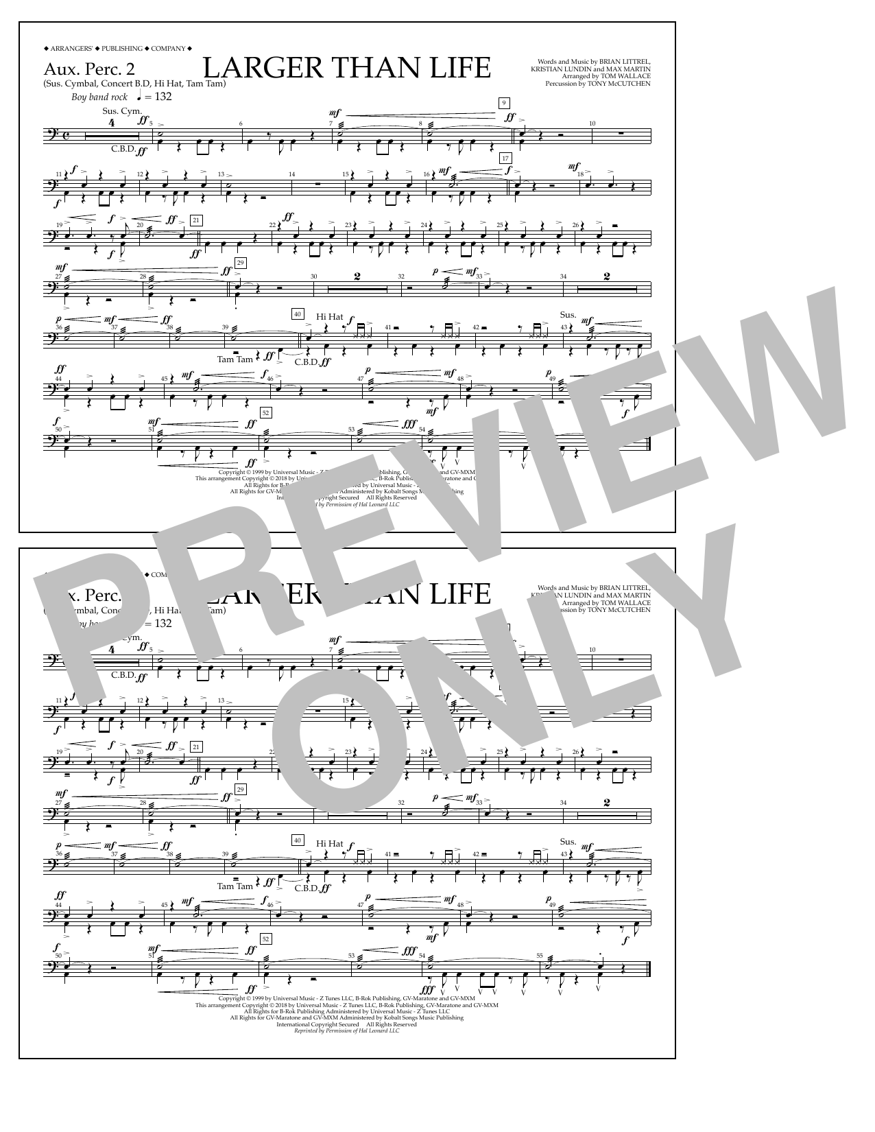 Download Tom Wallace Larger Than Life - Aux. Perc. 2 Sheet Music and learn how to play Marching Band PDF digital score in minutes