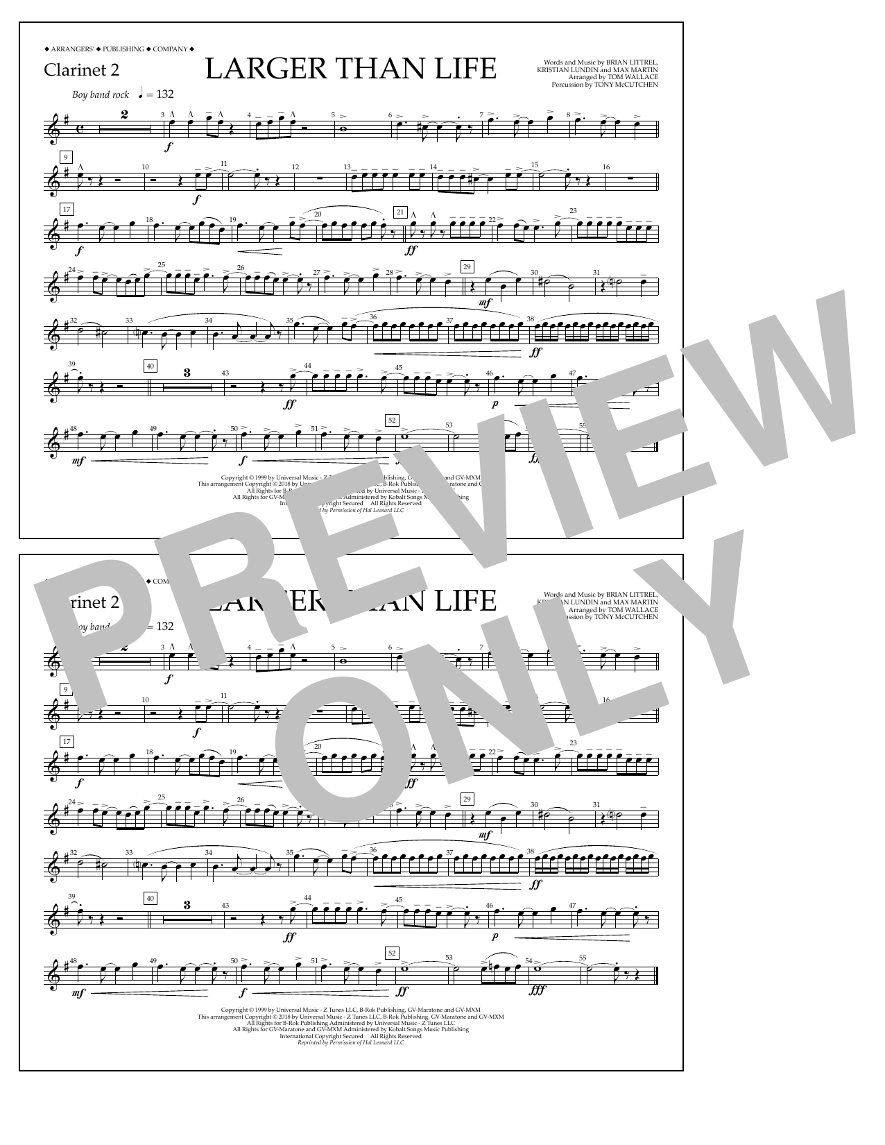 Download Tom Wallace Larger Than Life - Clarinet 2 Sheet Music and learn how to play Marching Band PDF digital score in minutes