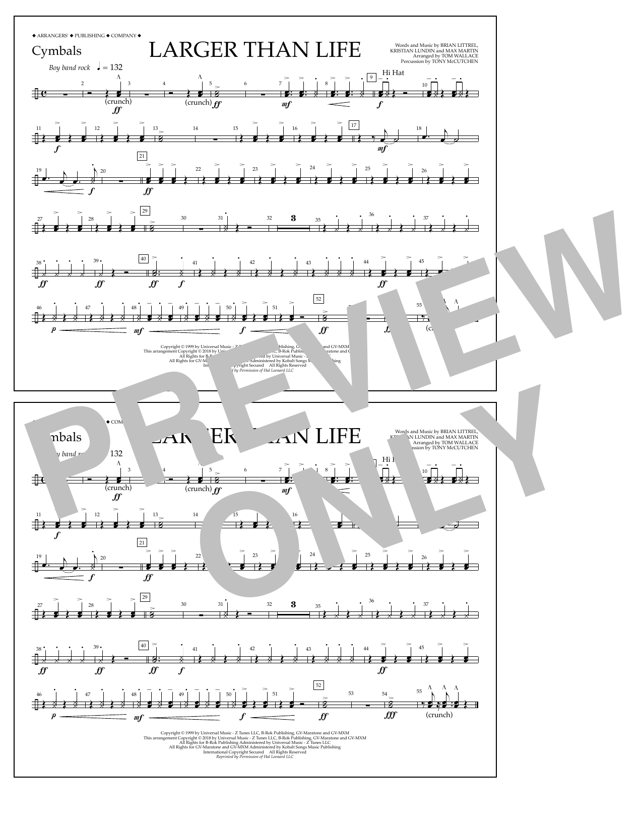 Download Tom Wallace Larger Than Life - Cymbals Sheet Music and learn how to play Marching Band PDF digital score in minutes