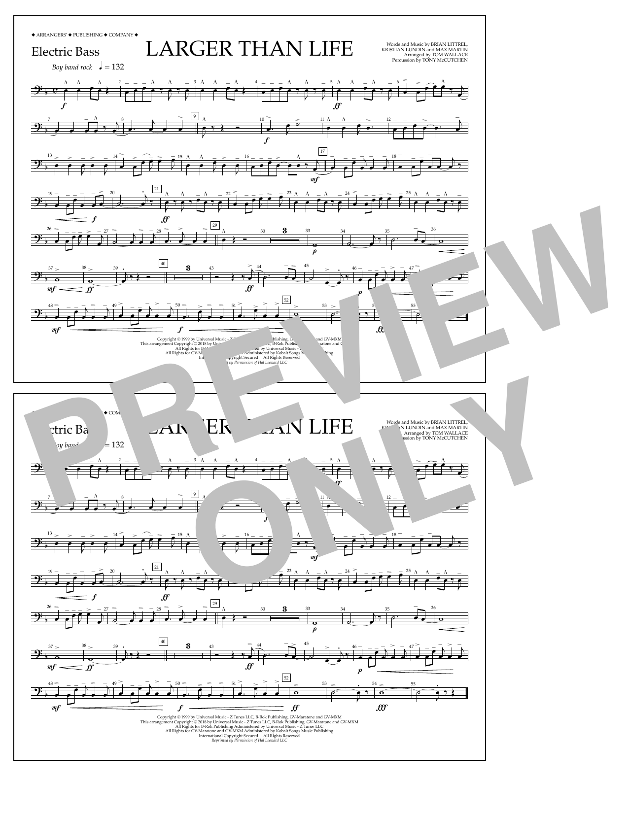Download Tom Wallace Larger Than Life - Electric Bass Sheet Music and learn how to play Marching Band PDF digital score in minutes