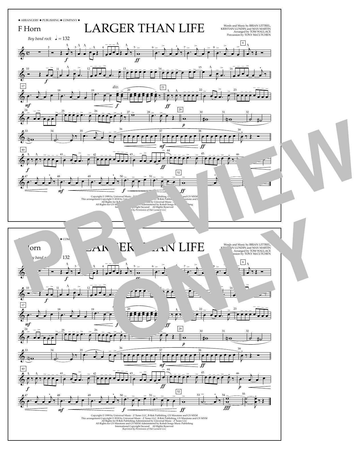 Download Tom Wallace Larger Than Life - F Horn Sheet Music and learn how to play Marching Band PDF digital score in minutes
