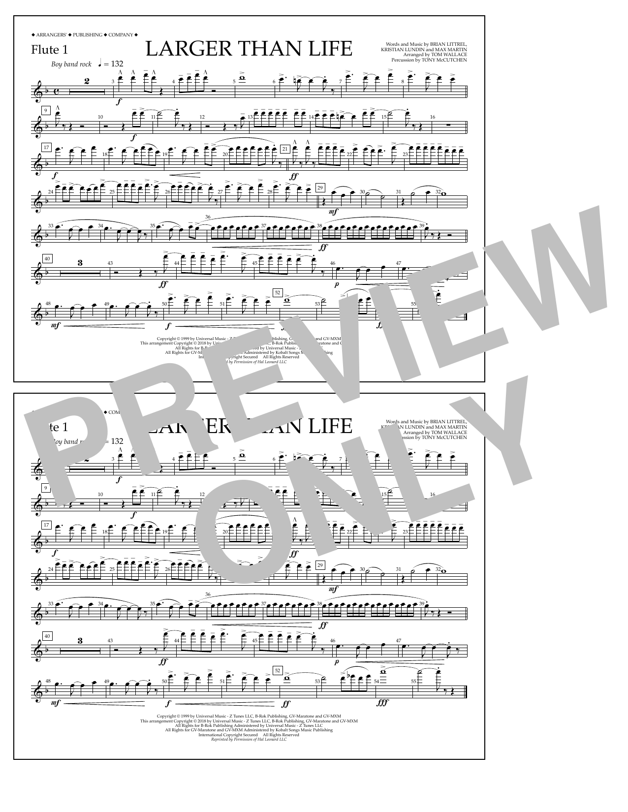 Download Tom Wallace Larger Than Life - Flute 1 Sheet Music and learn how to play Marching Band PDF digital score in minutes