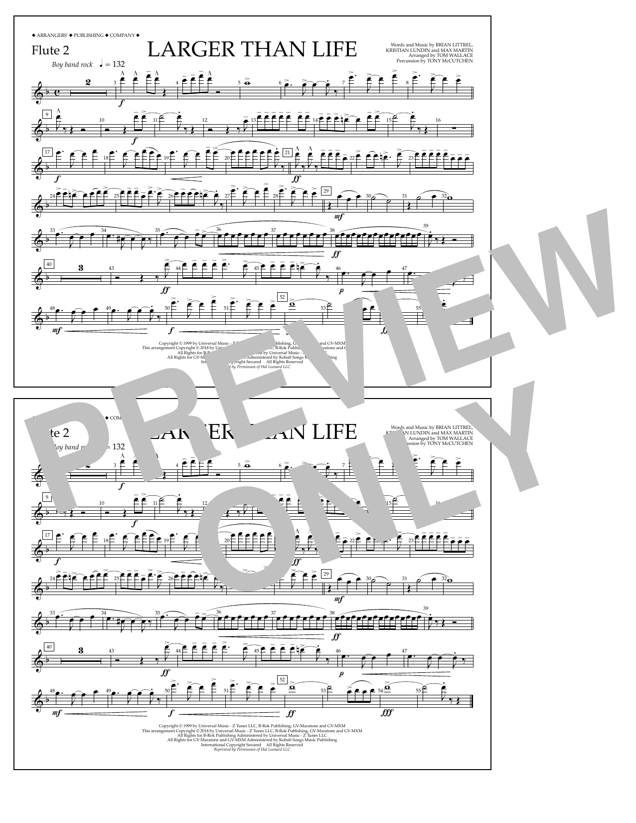 Download Tom Wallace Larger Than Life - Flute 2 Sheet Music and learn how to play Marching Band PDF digital score in minutes