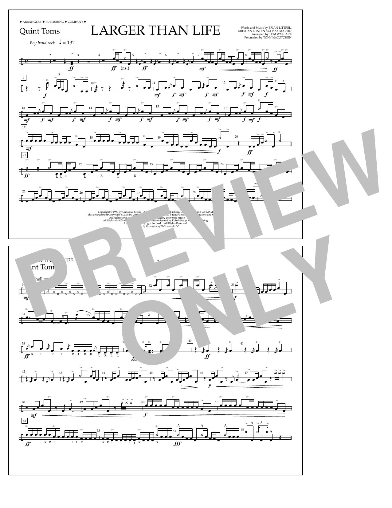 Download Tom Wallace Larger Than Life - Quint-Toms Sheet Music and learn how to play Marching Band PDF digital score in minutes