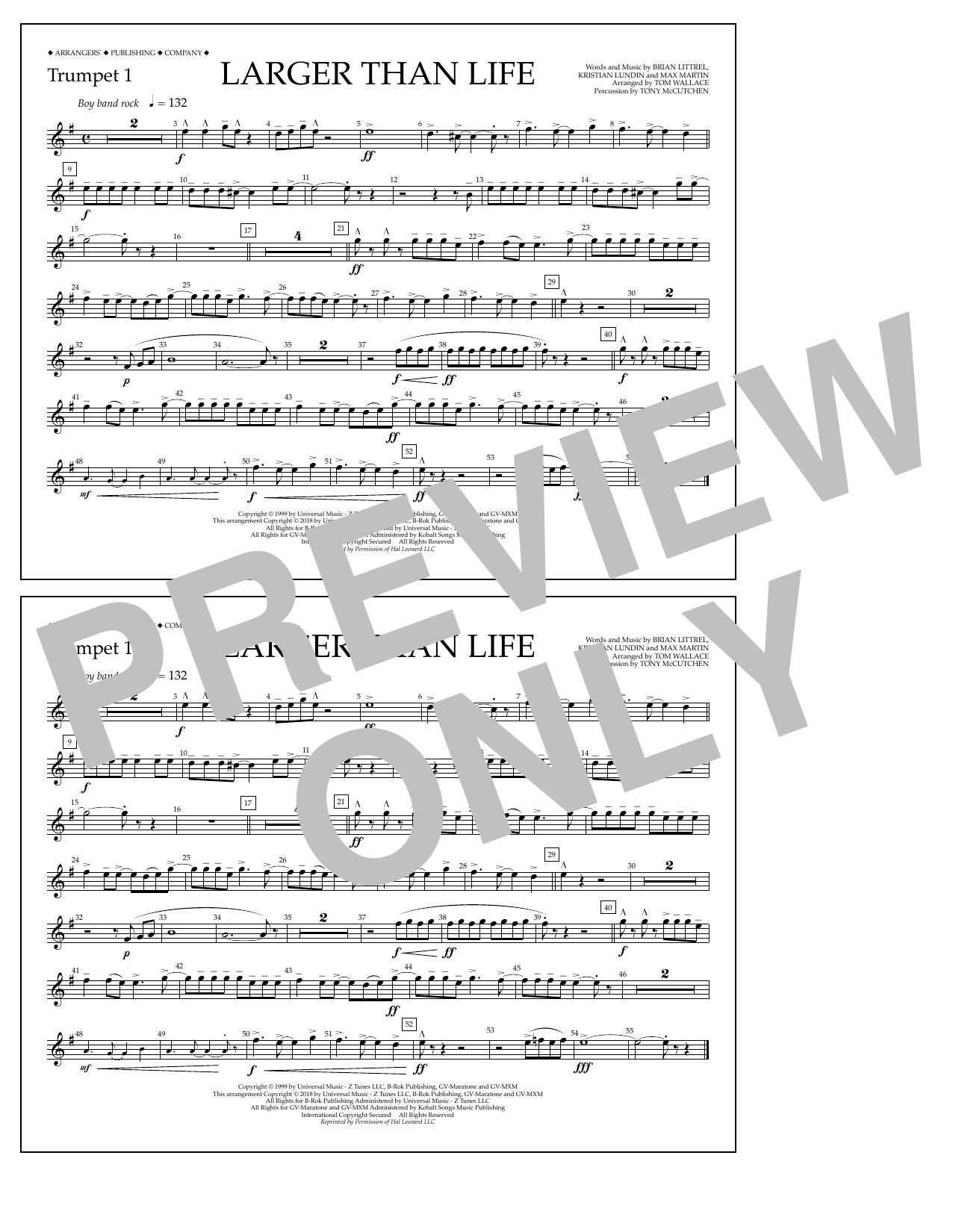 Download Tom Wallace Larger Than Life - Trumpet 1 Sheet Music and learn how to play Marching Band PDF digital score in minutes