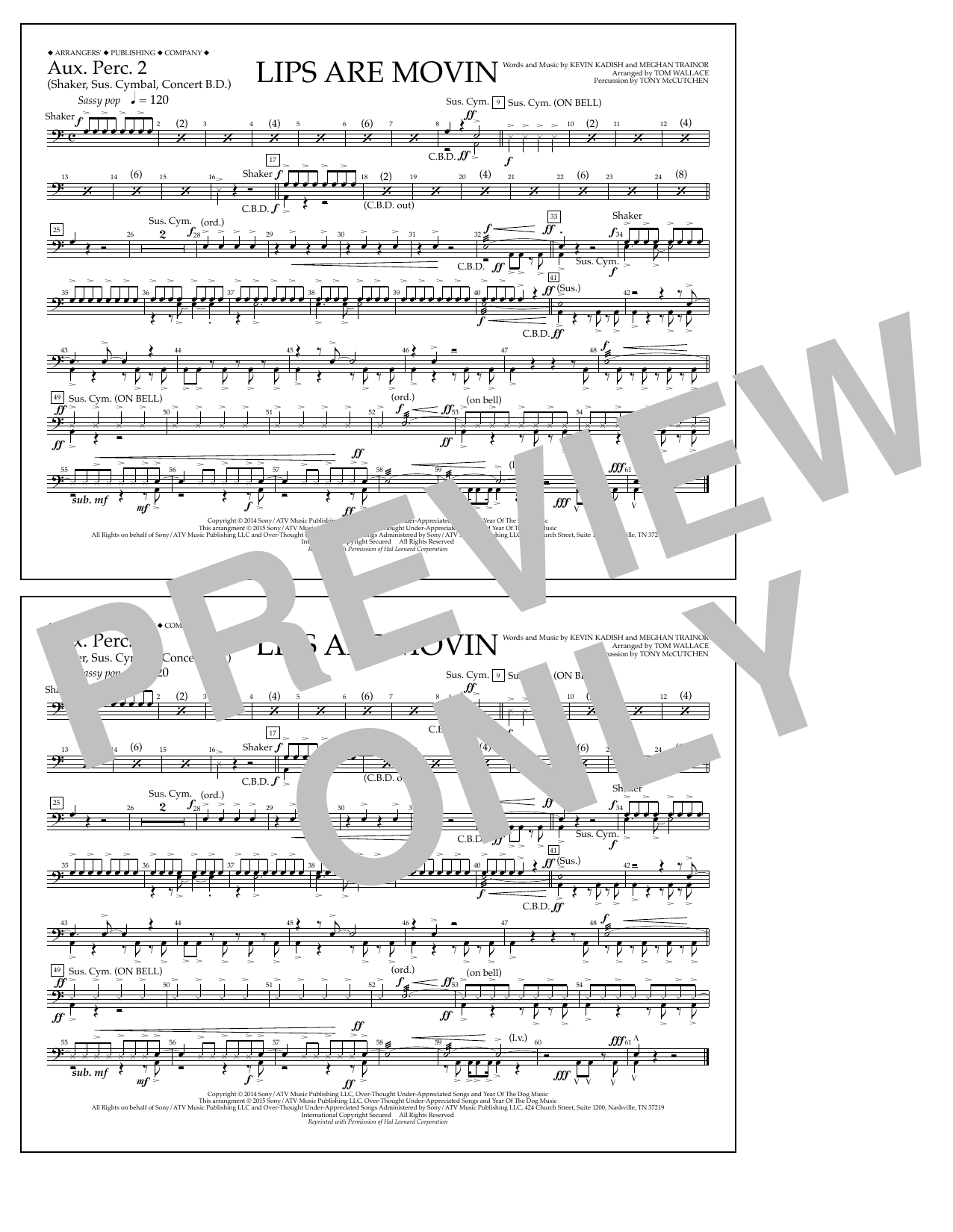 Download Tom Wallace Lips Are Movin - Aux. Perc. 2 Sheet Music and learn how to play Marching Band PDF digital score in minutes