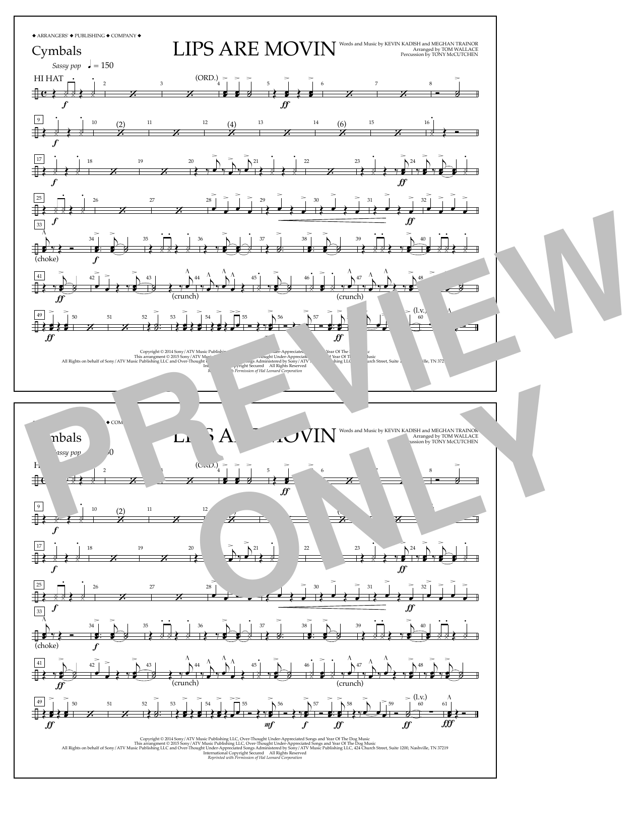 Download Tom Wallace Lips Are Movin - Cymbals Sheet Music and learn how to play Marching Band PDF digital score in minutes