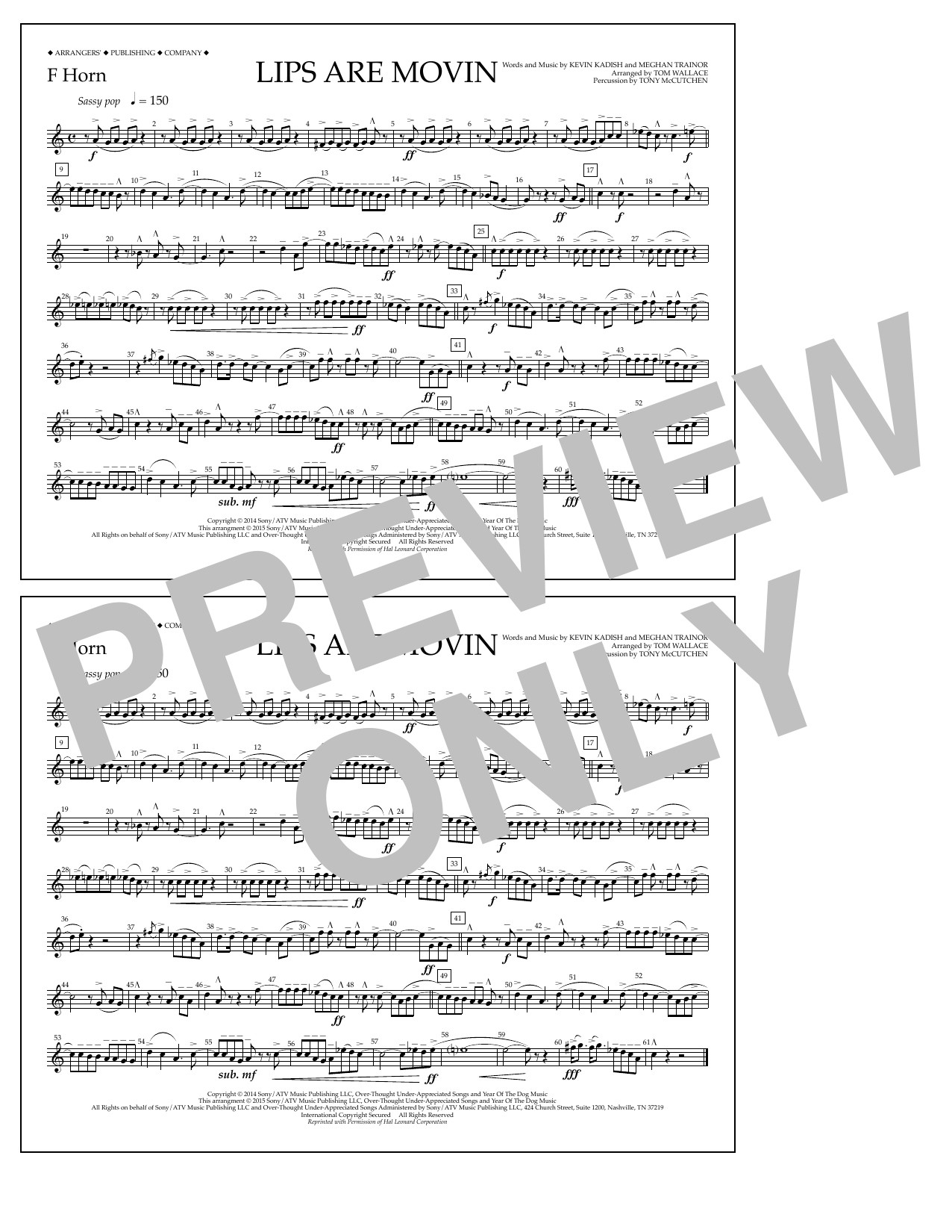 Download Tom Wallace Lips Are Movin - F Horn Sheet Music and learn how to play Marching Band PDF digital score in minutes