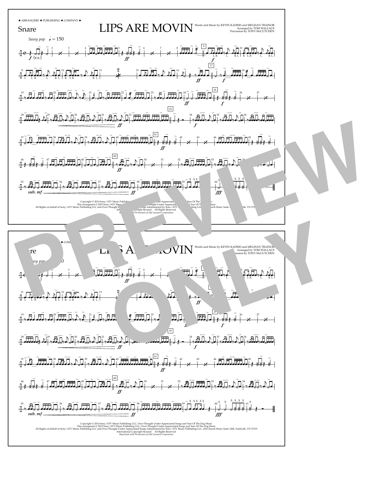 Download Tom Wallace Lips Are Movin - Snare Sheet Music and learn how to play Marching Band PDF digital score in minutes