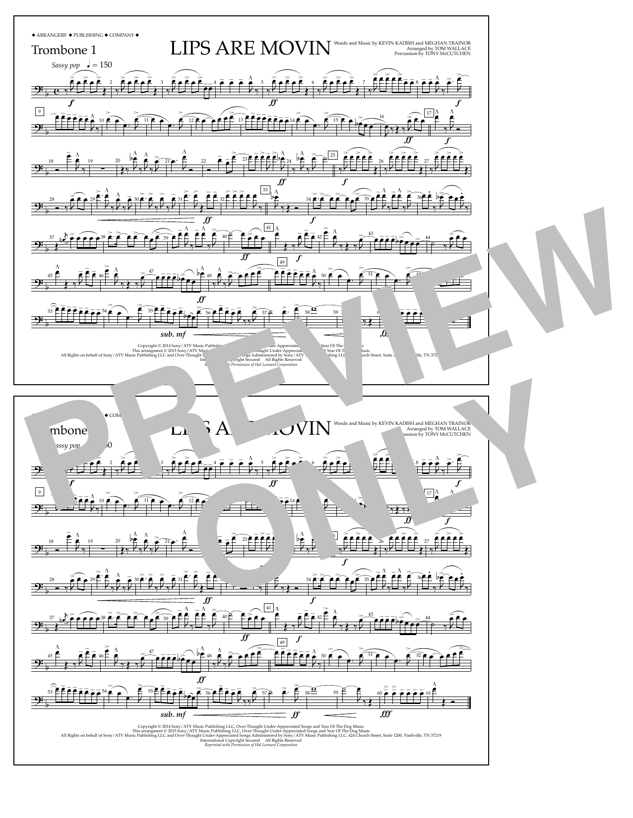 Download Tom Wallace Lips Are Movin - Trombone 1 Sheet Music and learn how to play Marching Band PDF digital score in minutes