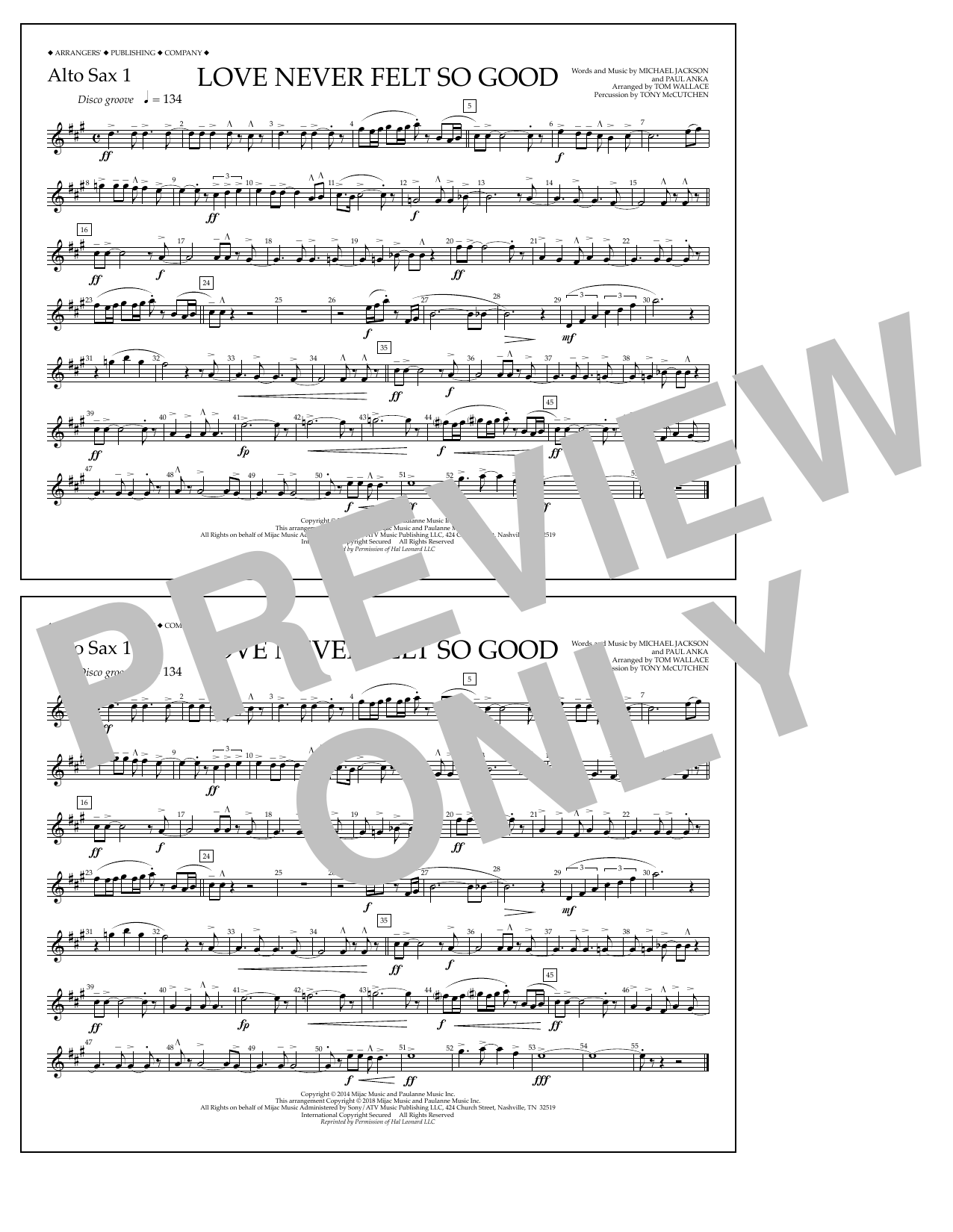 Download Tom Wallace Love Never Felt So Good - Alto Sax 1 Sheet Music and learn how to play Marching Band PDF digital score in minutes
