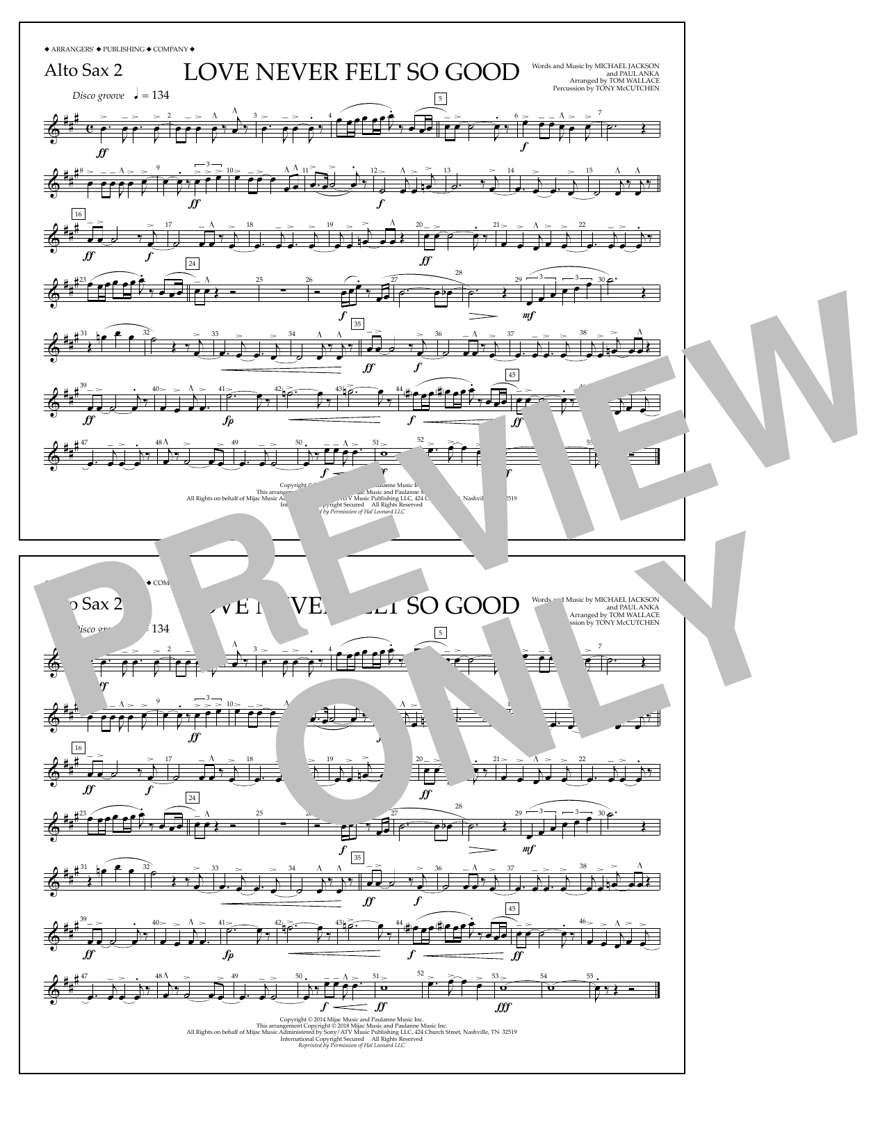Download Tom Wallace Love Never Felt So Good - Alto Sax 2 Sheet Music and learn how to play Marching Band PDF digital score in minutes