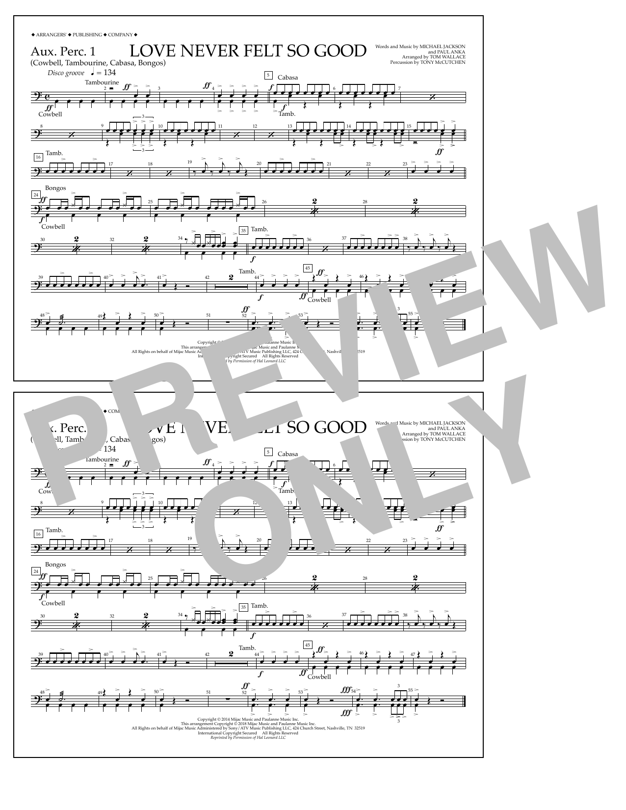 Download Tom Wallace Love Never Felt So Good - Aux. Perc. 1 Sheet Music and learn how to play Marching Band PDF digital score in minutes