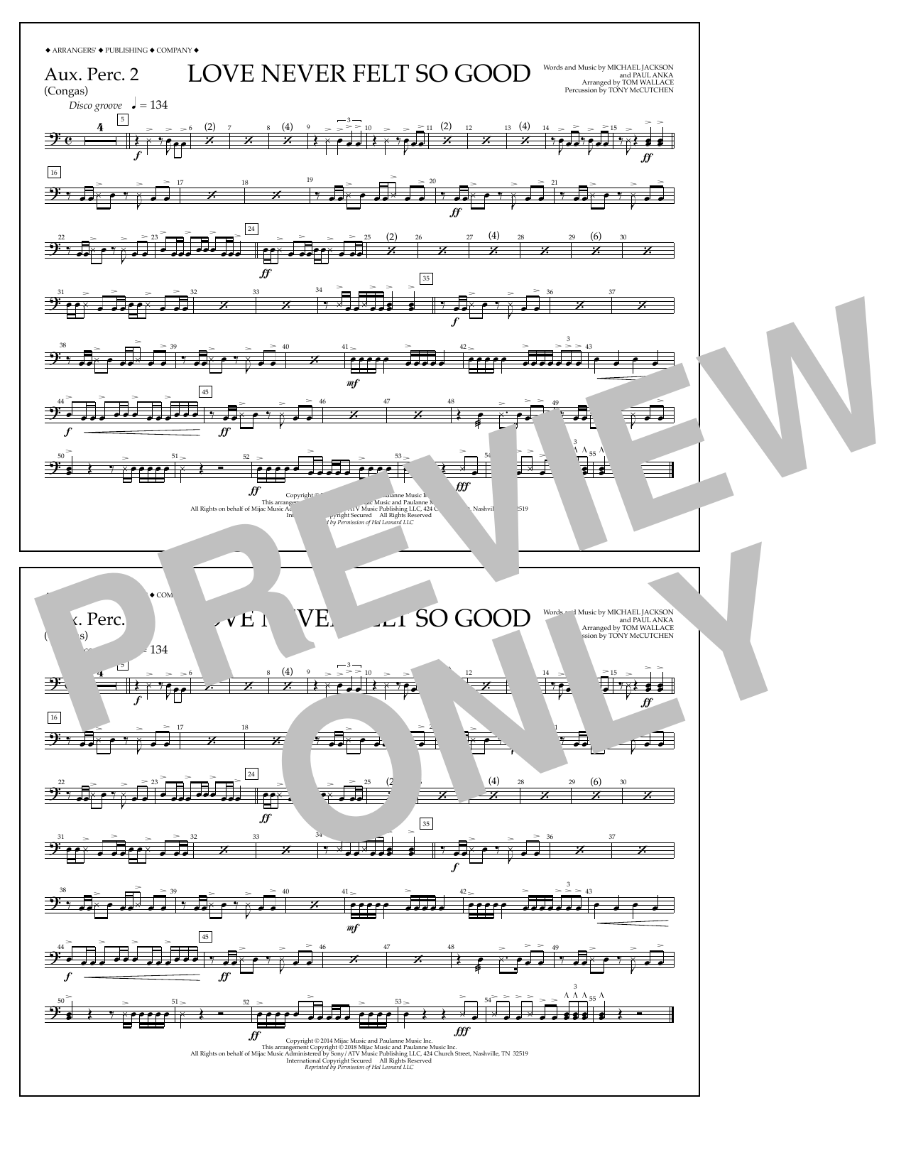Download Tom Wallace Love Never Felt So Good - Aux. Perc. 2 Sheet Music and learn how to play Marching Band PDF digital score in minutes