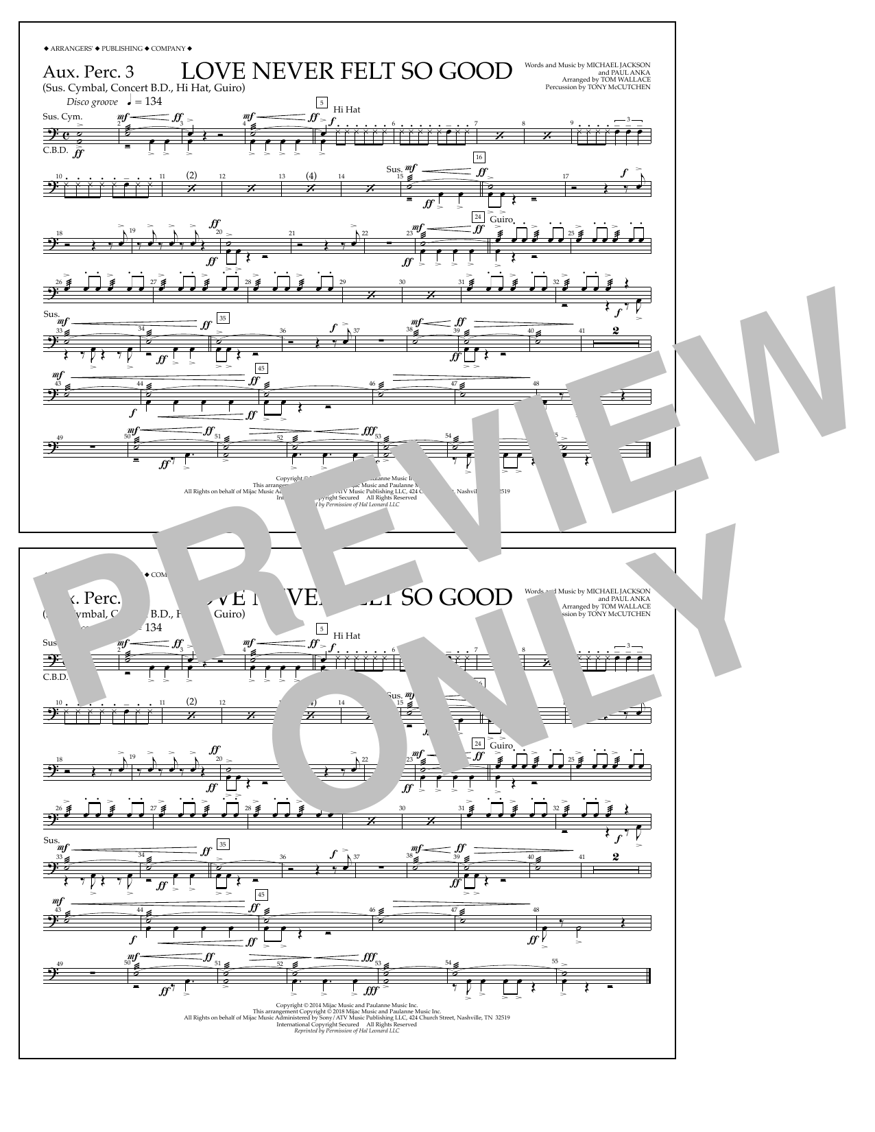 Download Tom Wallace Love Never Felt So Good - Aux. Perc. 3 Sheet Music and learn how to play Marching Band PDF digital score in minutes
