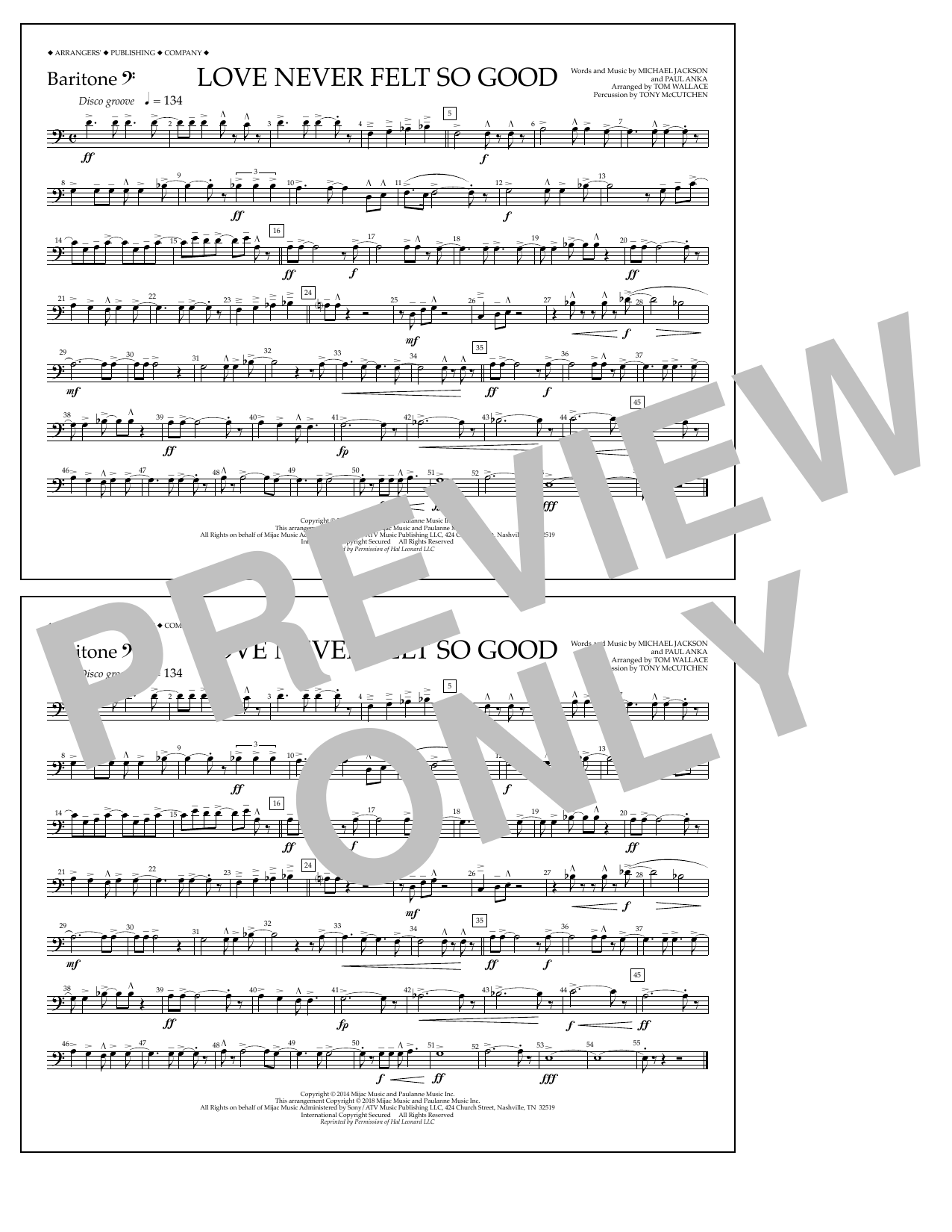 Download Tom Wallace Love Never Felt So Good - Baritone B.C. Sheet Music and learn how to play Marching Band PDF digital score in minutes