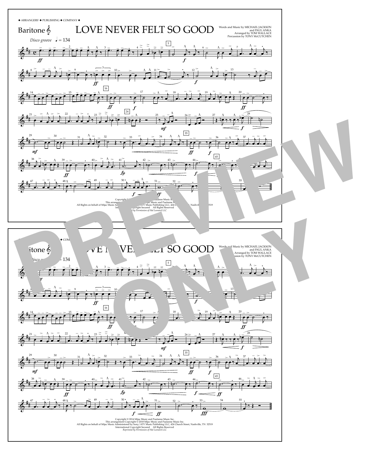 Download Tom Wallace Love Never Felt So Good - Baritone T.C. Sheet Music and learn how to play Marching Band PDF digital score in minutes