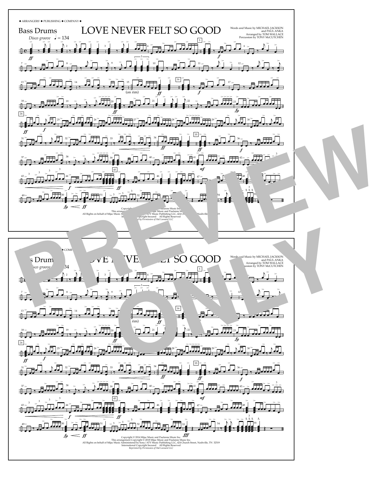 Download Tom Wallace Love Never Felt So Good - Bass Drums Sheet Music and learn how to play Marching Band PDF digital score in minutes
