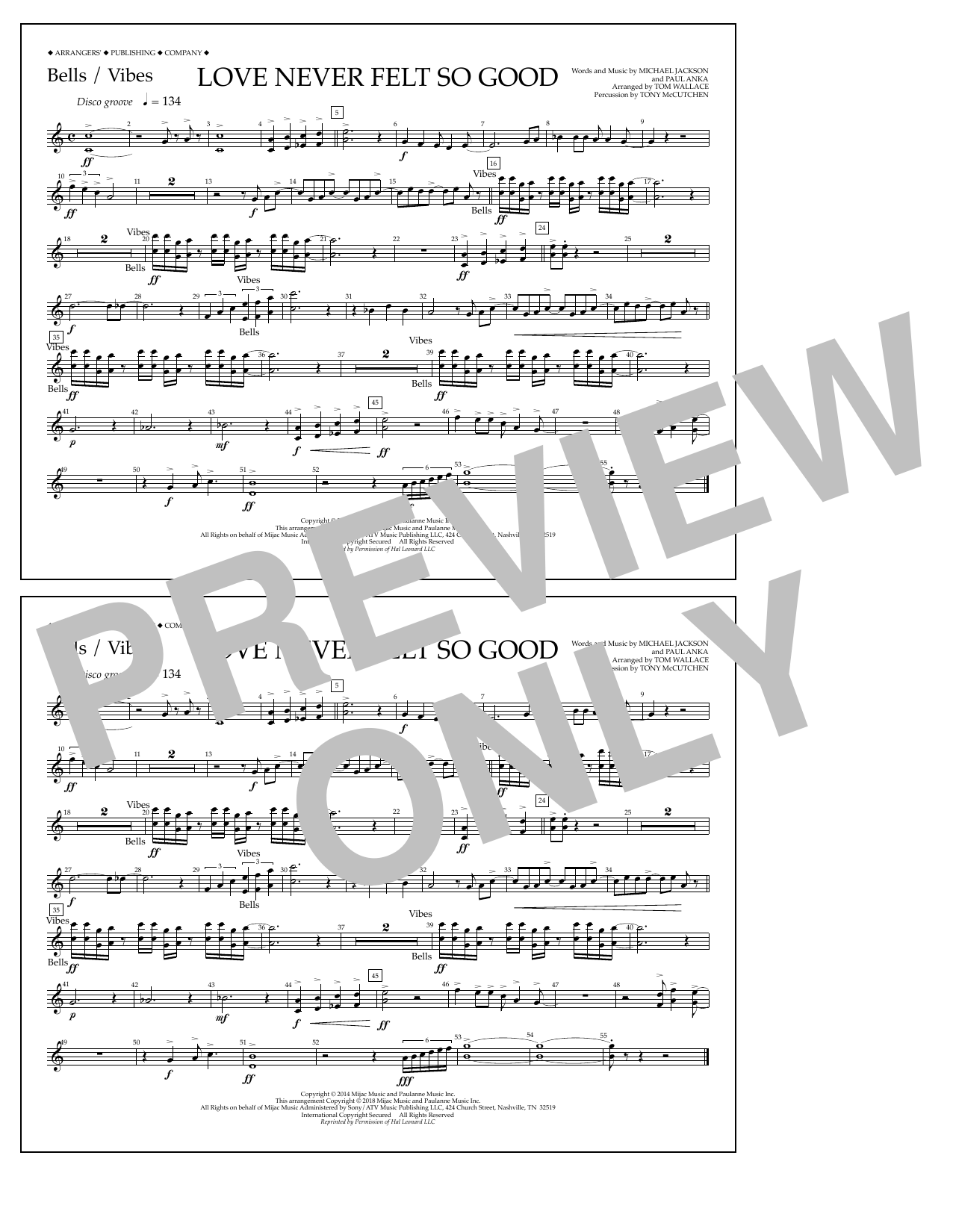 Download Tom Wallace Love Never Felt So Good - Bells/Vibes Sheet Music and learn how to play Marching Band PDF digital score in minutes
