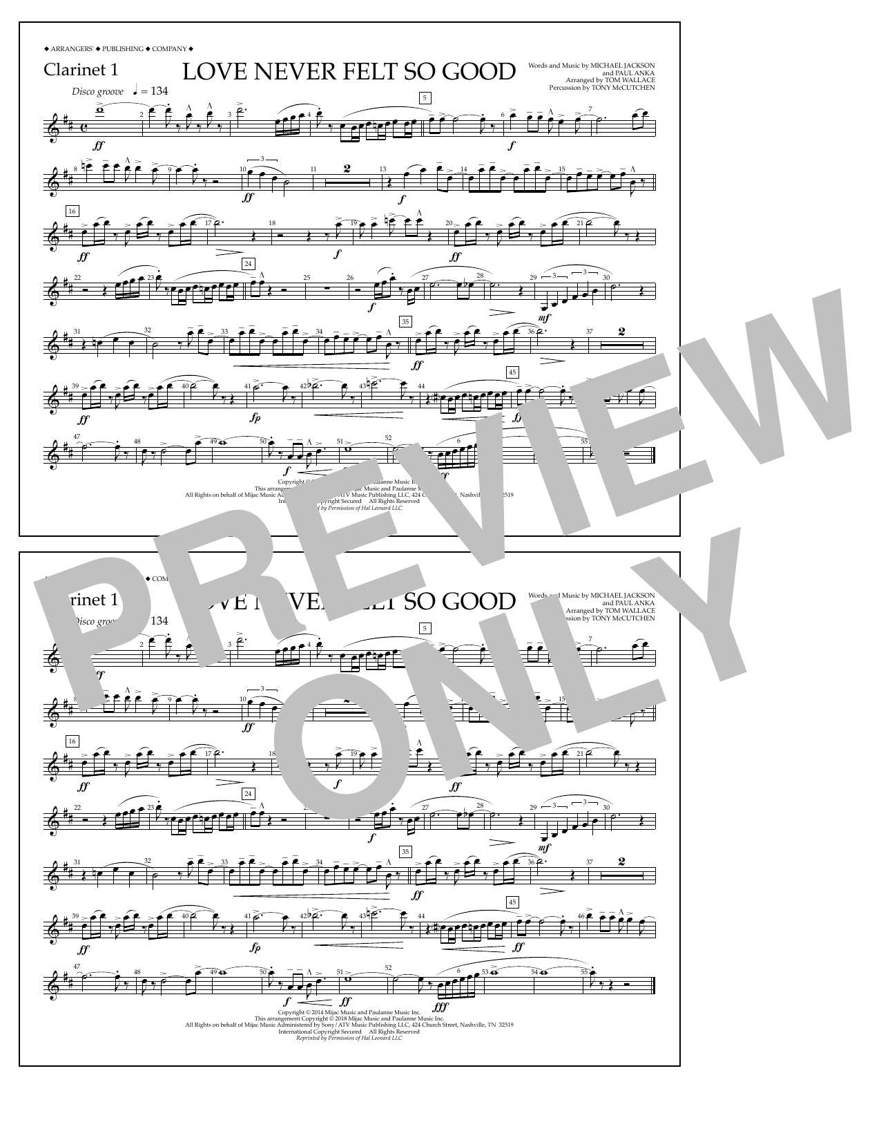 Download Tom Wallace Love Never Felt So Good - Clarinet 1 Sheet Music and learn how to play Marching Band PDF digital score in minutes