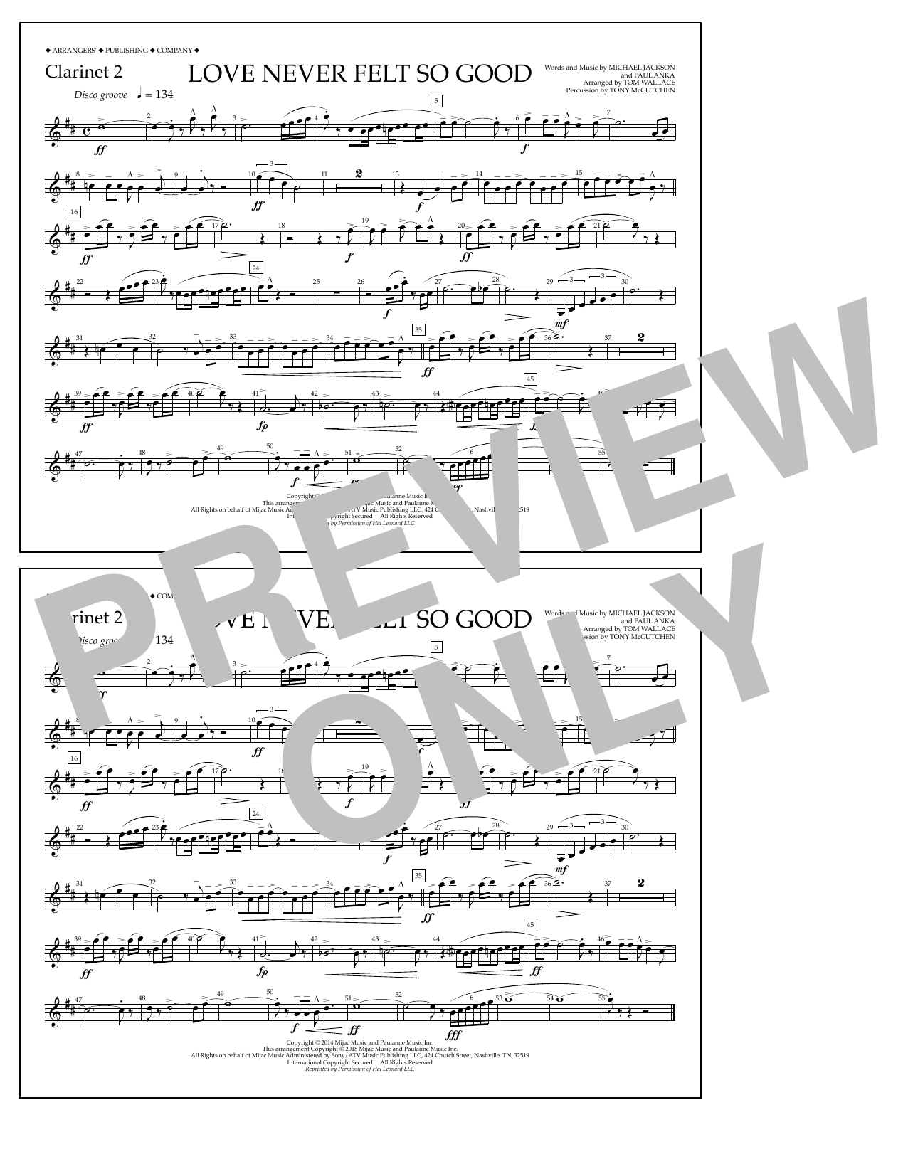 Download Tom Wallace Love Never Felt So Good - Clarinet 2 Sheet Music and learn how to play Marching Band PDF digital score in minutes
