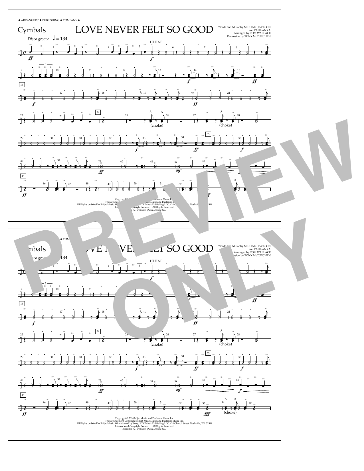 Download Tom Wallace Love Never Felt So Good - Cymbals Sheet Music and learn how to play Marching Band PDF digital score in minutes