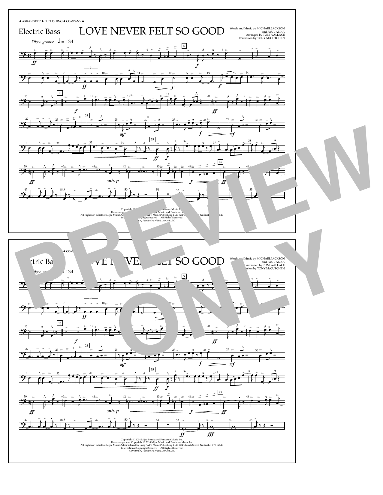 Download Tom Wallace Love Never Felt So Good - Electric Bass Sheet Music and learn how to play Marching Band PDF digital score in minutes