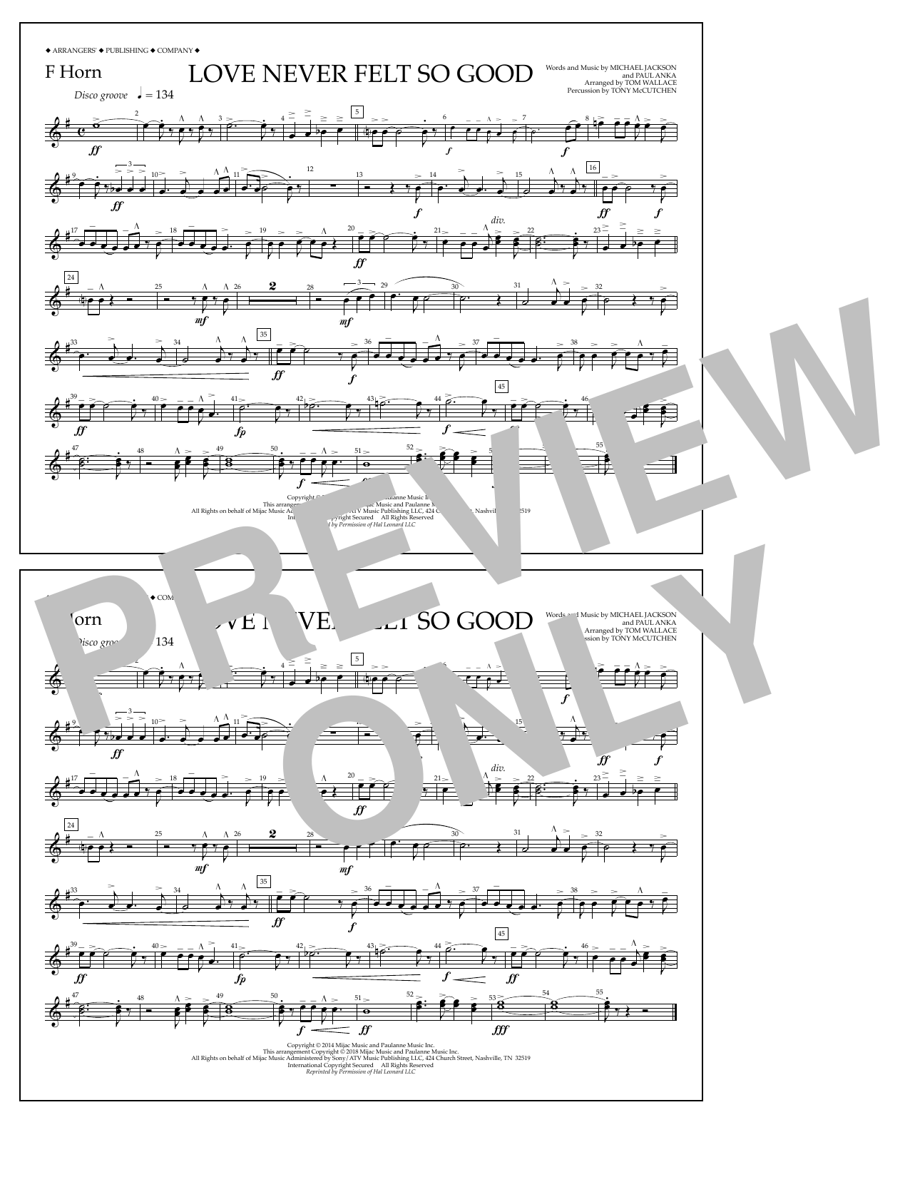 Download Tom Wallace Love Never Felt So Good - F Horn Sheet Music and learn how to play Marching Band PDF digital score in minutes