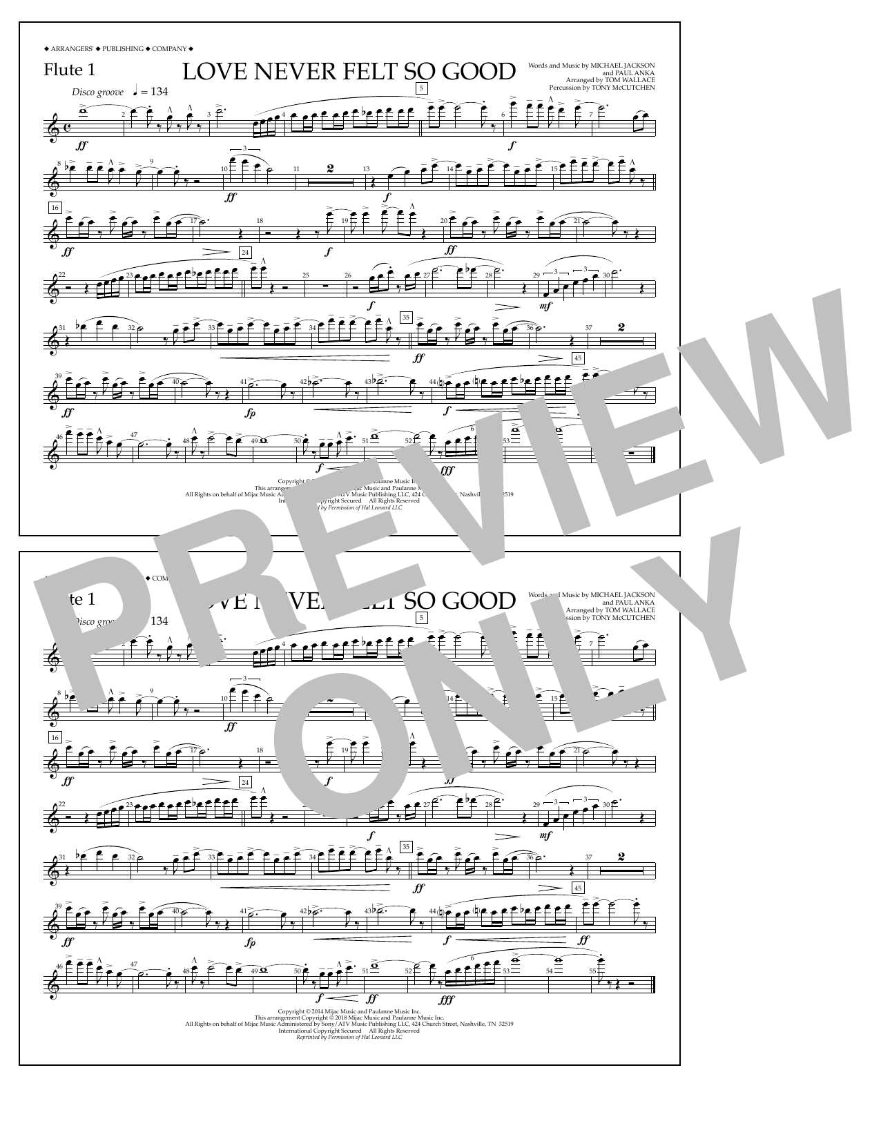 Download Tom Wallace Love Never Felt So Good - Flute 1 Sheet Music and learn how to play Marching Band PDF digital score in minutes