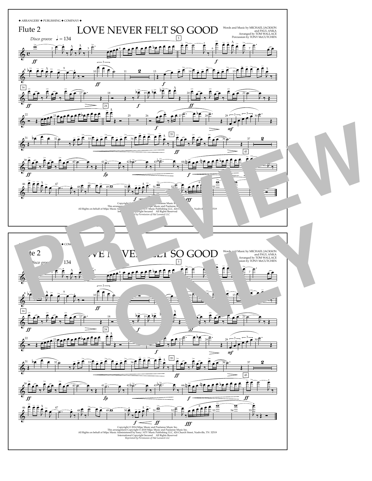 Download Tom Wallace Love Never Felt So Good - Flute 2 Sheet Music and learn how to play Marching Band PDF digital score in minutes