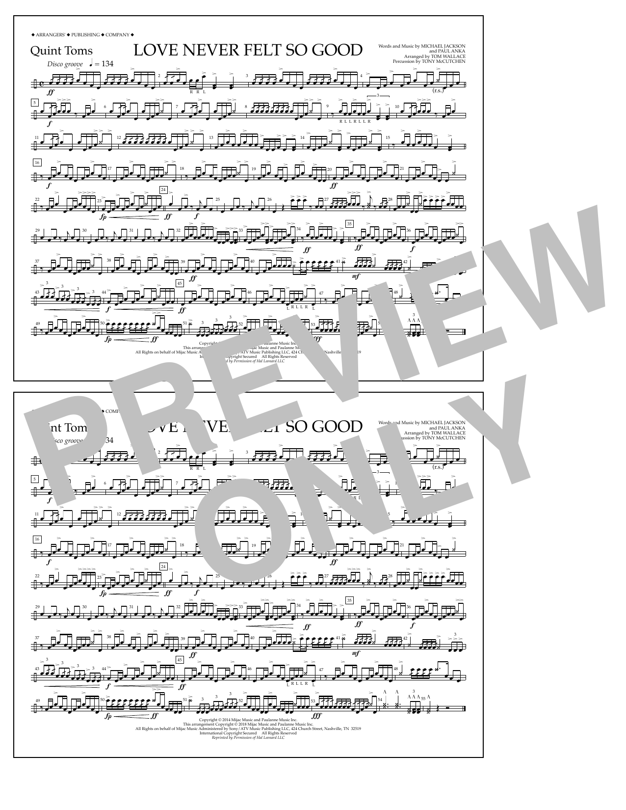 Download Tom Wallace Love Never Felt So Good - Quint-Toms Sheet Music and learn how to play Marching Band PDF digital score in minutes