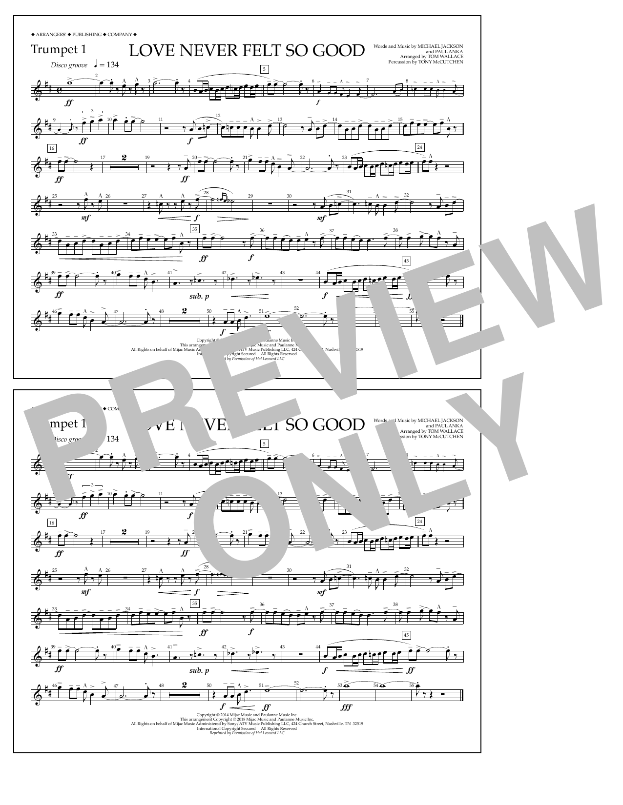 Download Tom Wallace Love Never Felt So Good - Trumpet 1 Sheet Music and learn how to play Marching Band PDF digital score in minutes
