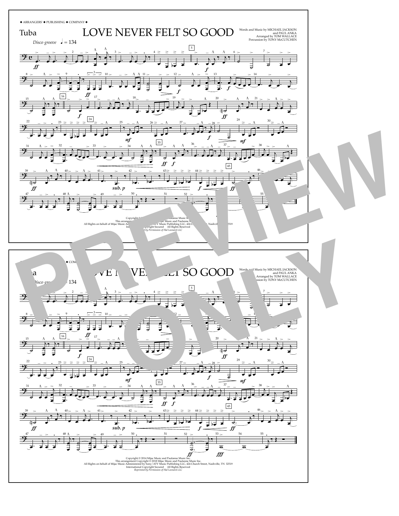 Download Tom Wallace Love Never Felt So Good - Tuba Sheet Music and learn how to play Marching Band PDF digital score in minutes