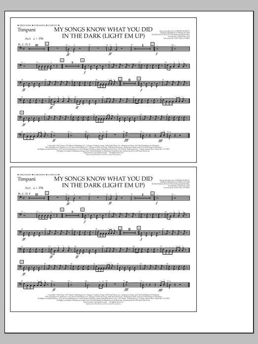 Download Tom Wallace My Songs Know What You Did in the Dark (Light 'Em Up) - Timpani Sheet Music and learn how to play Marching Band PDF digital score in minutes