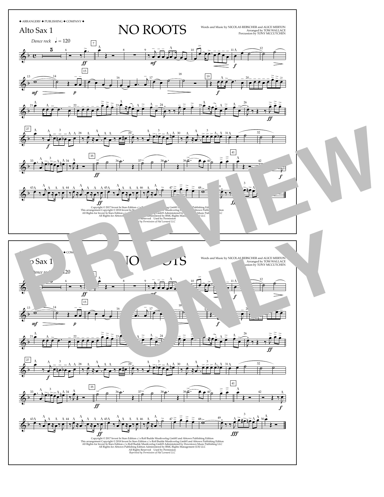 Download Tom Wallace No Roots - Alto Sax 1 Sheet Music and learn how to play Marching Band PDF digital score in minutes