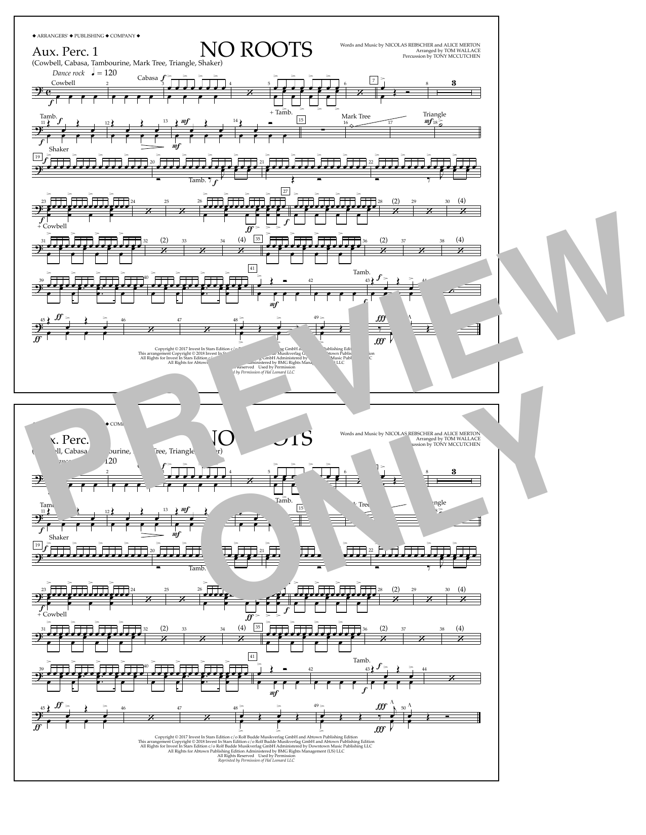 Download Tom Wallace No Roots - Aux. Perc. 1 Sheet Music and learn how to play Marching Band PDF digital score in minutes
