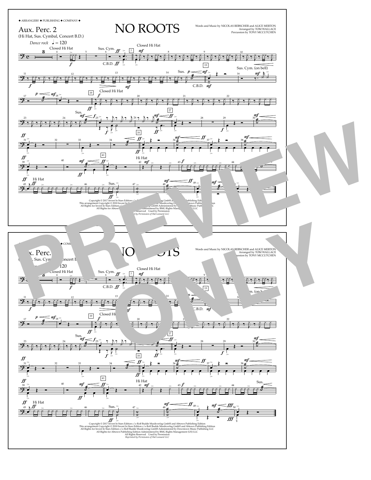 Download Tom Wallace No Roots - Aux. Perc. 2 Sheet Music and learn how to play Marching Band PDF digital score in minutes