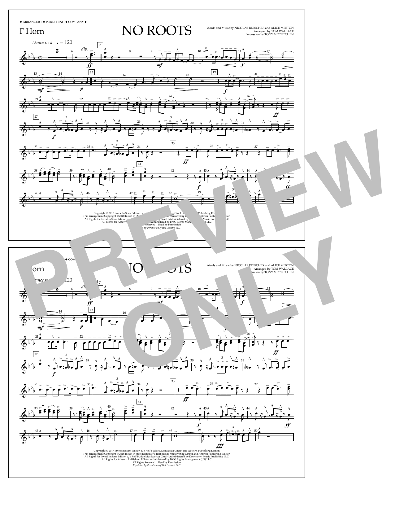 Download Tom Wallace No Roots - F Horn Sheet Music and learn how to play Marching Band PDF digital score in minutes