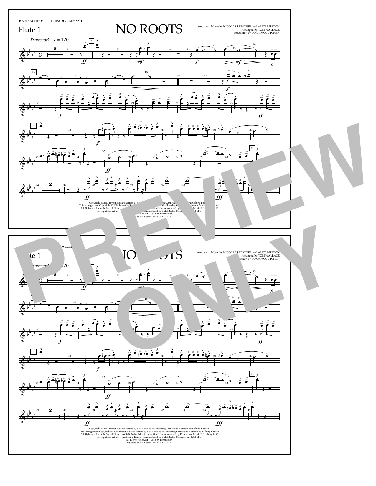 Download Tom Wallace No Roots - Flute 1 Sheet Music and learn how to play Marching Band PDF digital score in minutes
