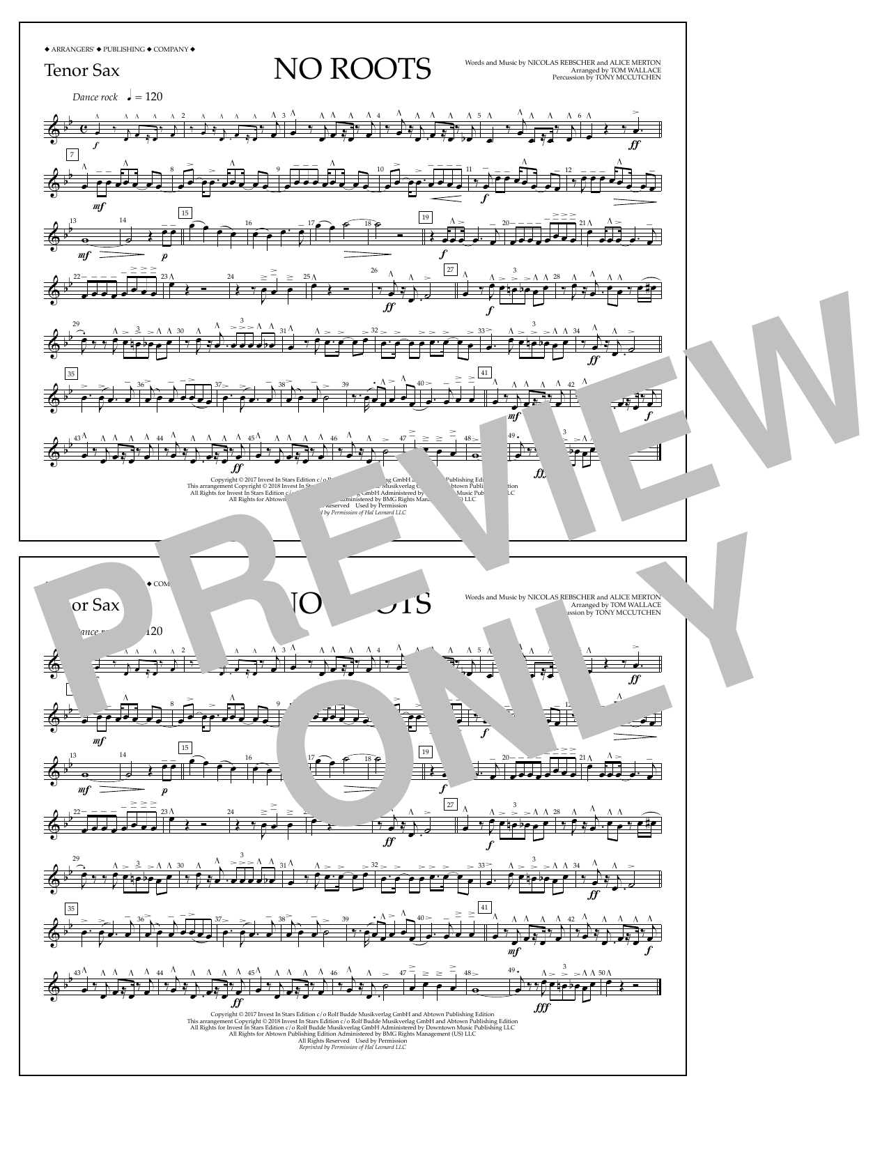 Download Tom Wallace No Roots - Tenor Sax Sheet Music and learn how to play Marching Band PDF digital score in minutes