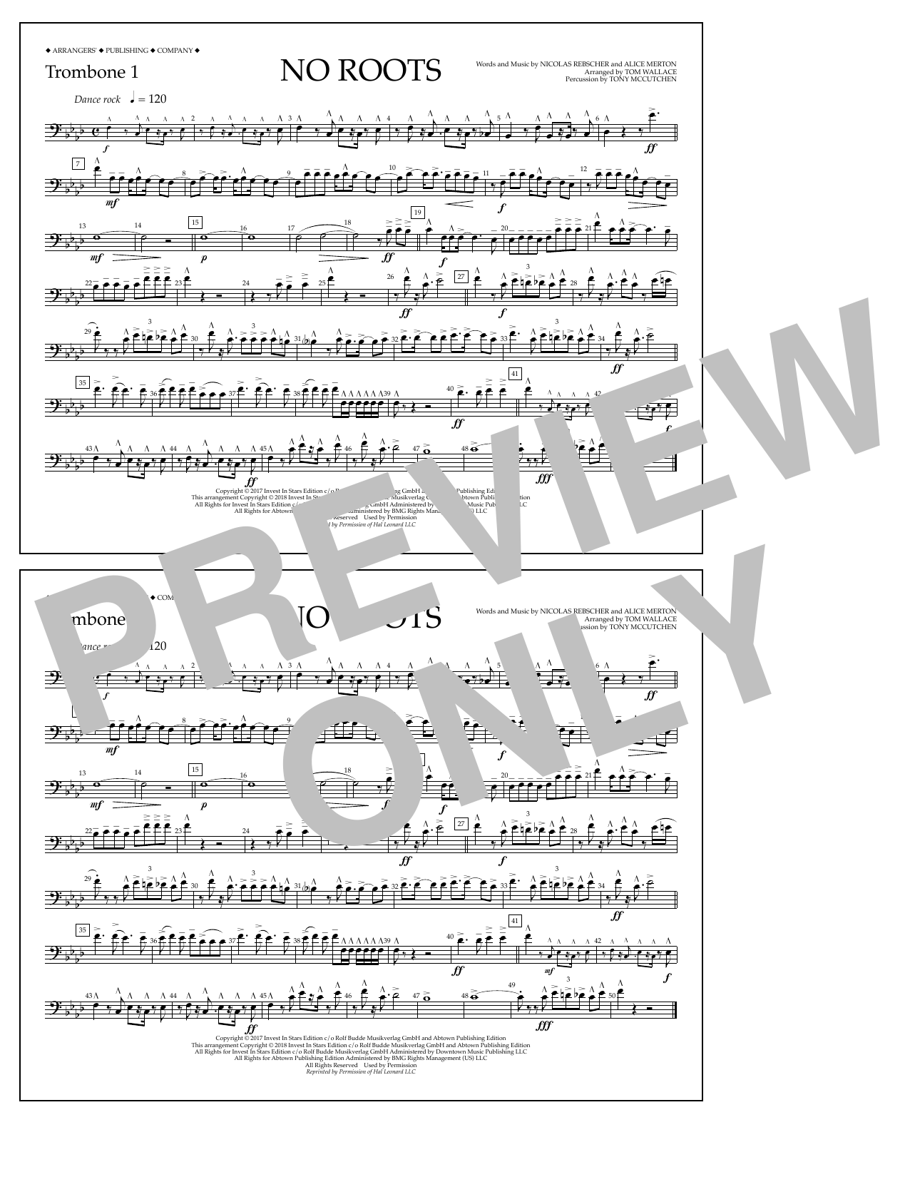 Download Tom Wallace No Roots - Trombone 1 Sheet Music and learn how to play Marching Band PDF digital score in minutes