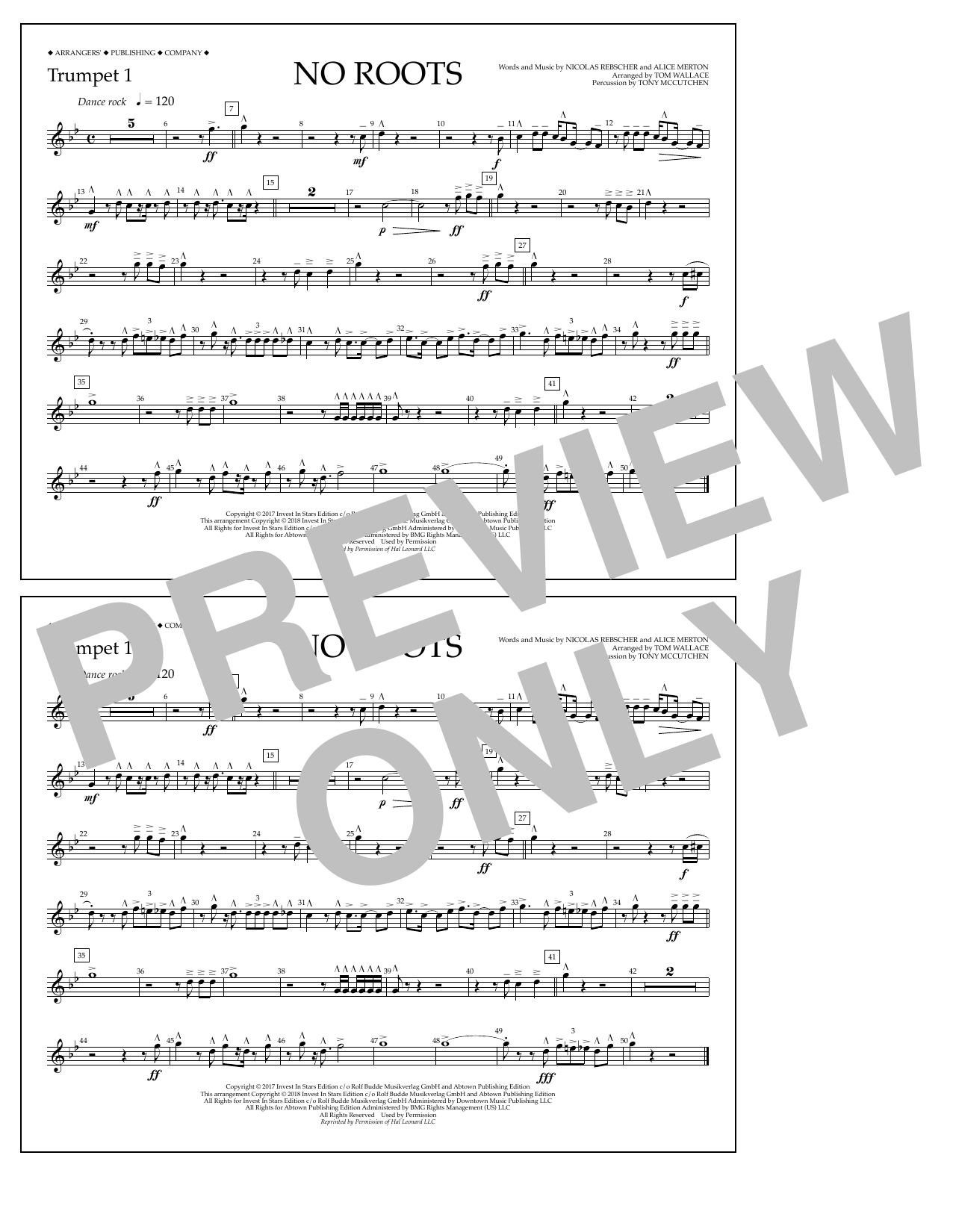 Download Tom Wallace No Roots - Trumpet 1 Sheet Music and learn how to play Marching Band PDF digital score in minutes