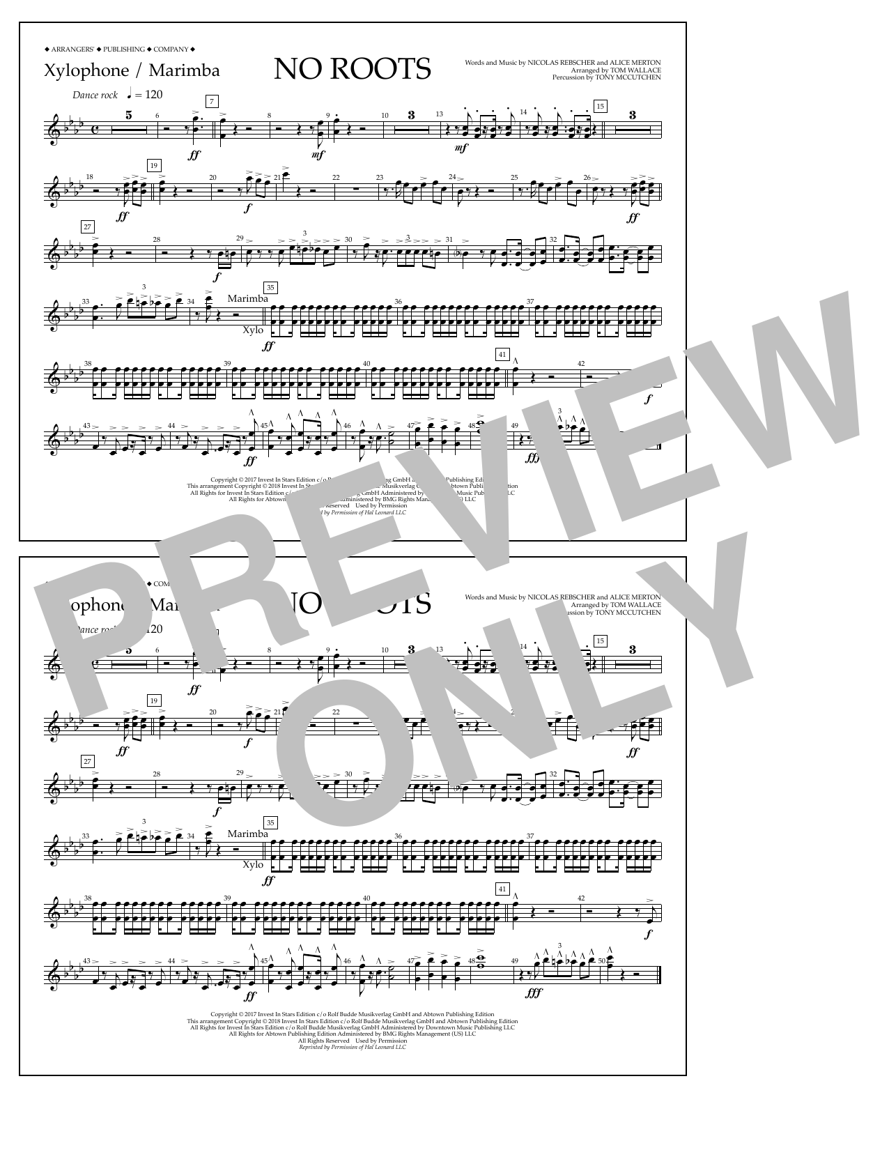 Download Tom Wallace No Roots - Xylophone/Marimba Sheet Music and learn how to play Marching Band PDF digital score in minutes