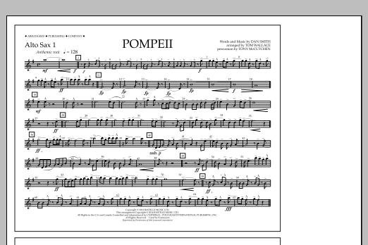 Download Tom Wallace Pompeii - Alto Sax 1 Sheet Music and learn how to play Marching Band PDF digital score in minutes